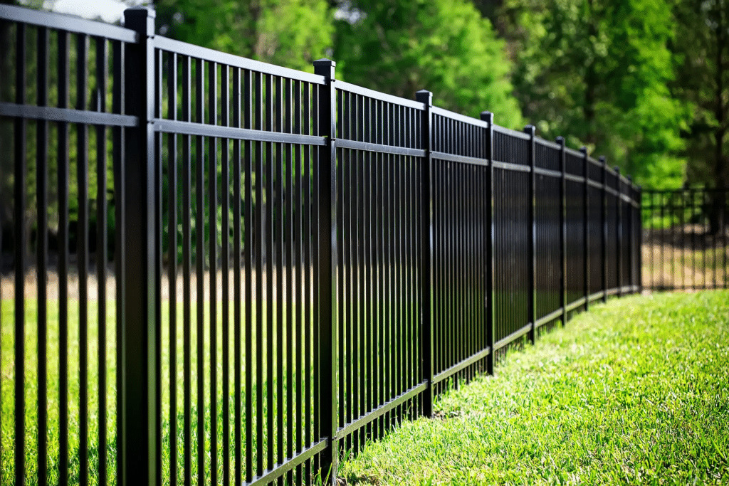 Wood vs. Vinyl Fence in Georgia: Cost, Lifespan, and Upkeep 1 Black metal fence beside green grass